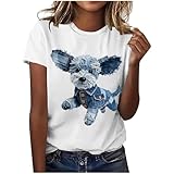 Women Short Sleeve T-Shirt Denim Patchwork Animal Print Fashion Shirts Loose Fit Crew Neck Oversized Casual Cute Tops