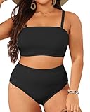 Holipick Women Plus Size Two Piece Bikini High Waisted Swimsuit Bandeau Strapless Bathing Suit Swimwear Black