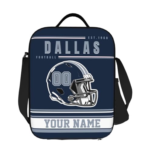 Custom Football Lunch Box Personalized Football Style Lunch Bag with Name Number Customized Adjustable Strap Sport Insulated Lunch Tote Gifts for Fans Men Women, Blue