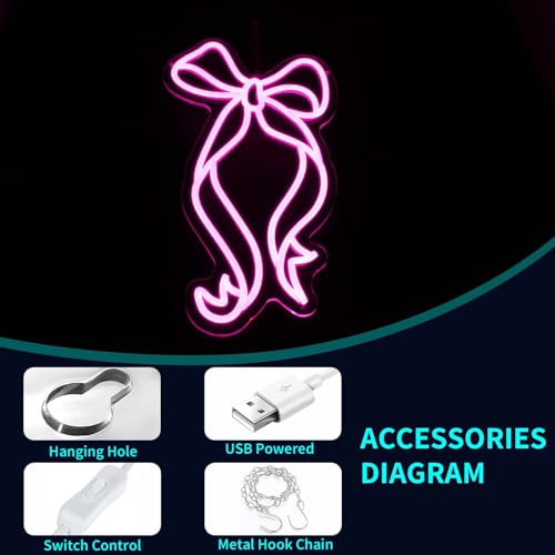 Image of Bow Neon Sign - JGHTURIE Neon Signs for Wall Decor, Pink Bow Ribbon Light up Signs for Room, Bar, Party, Home Decor, Led Sign - USB Powered