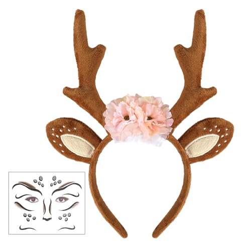 Minkissy - Cerchietto Per Capelli Con Corna Di Natale, Con Orecchie Di Renna, Motivo Floreale