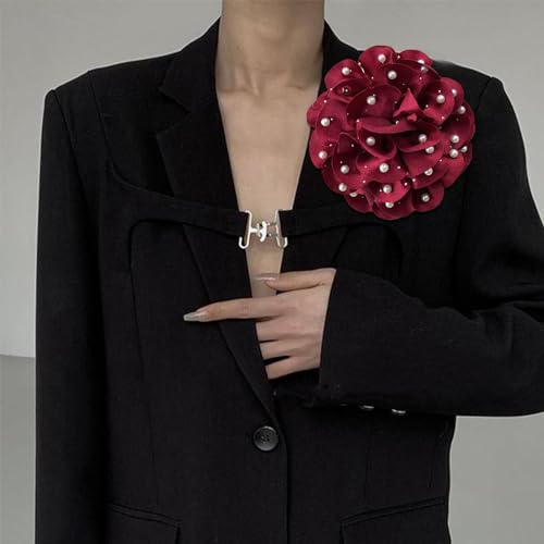 Image of Elegant Large Rose Flower Brooches Lapel Pins Handmade Dainty Satin Fabric Pearl Brooches Big Camellia Flower Brooch Pin for Women Wedding Part Dance Dress Suit Clothes Accessories Prom Jewelry