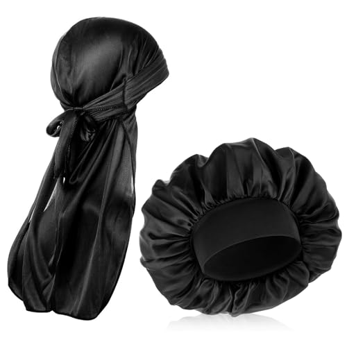 COMNICO Durag - Gorro elástico de seda para hombre (2 unidades), Negro , Talla única