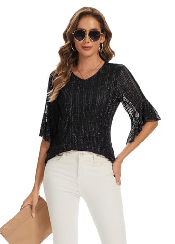 Women's 3/4 Sleeve Tops Sparkly Dressy V Neck Blouse Glitter Evening Party Shirts3