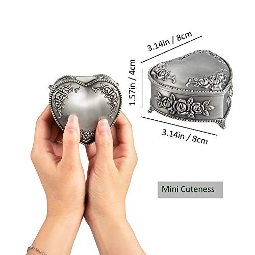 Feyarl Vintage Jewelry Trinket Box Ring Earrings Necklace Organizer Case Metal Treasure Chest Storage Heart Shape Keepsake Box For Girl Birithday Gift (Pewter) #TOP1