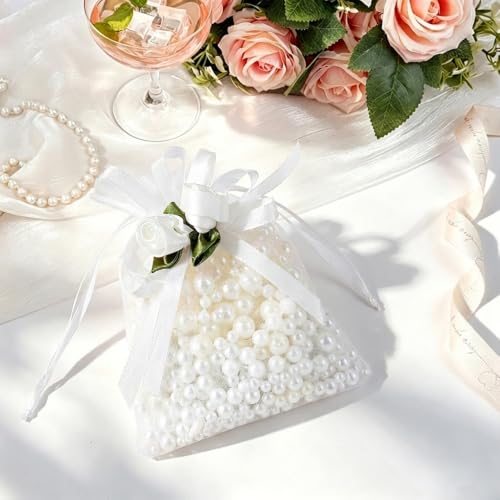 AEYURUID Lot de 50 Sacs en Organza Blanc avec Cordon de Serrage – 10x12 cm, Pochettes Cadeau avec Motif Rose, pour Bijoux, Bonbons, Mariage & Petits Cadeaux – vue 5