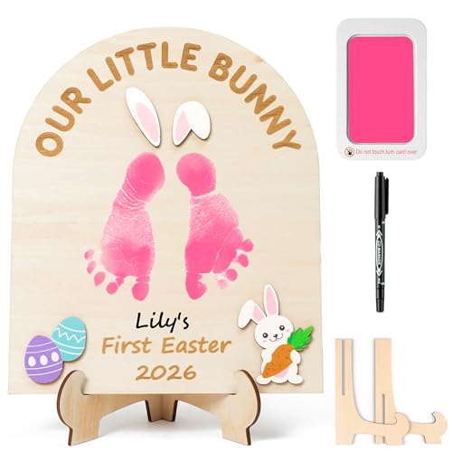 R HORSE 3D Baby's First Easter DIY Footprint or Handprint Art Sign with Ink Pad, Our Little Bunny Wooden Footprint Art Sign Craft Newborn Keepsake for Baby Easter Photo Props Nursery 1st Decor Baptism