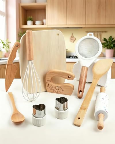 Jessruly Wooden Kids Safe Knife & Baking Set – 10-Piece Montessori Kitchen Tools for Real Cooking, Natural Wood Toddler-Friendly Cooking Set