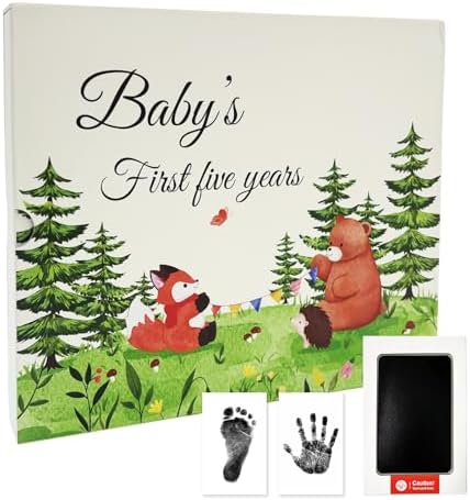 Keepsake Baby Memory Book for Boy or Girl, Timeless Baby’s Journal with Box and No-Mess Ink Pad, Woodland from Newborn to Age 5 Neutral Gender Baby Gift Photo Album