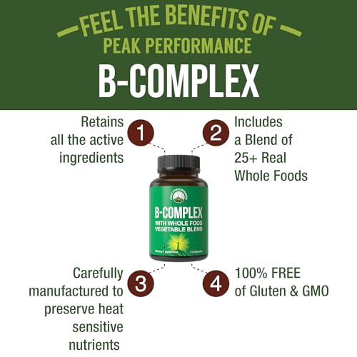 Vitamin B Complex Capsules + Whole Food Blend of 25 Vegetables and Fruits for Max Absorption. Best Vegan B-Complex Supplement with Vitamin B1, B2, B3, B5, B6, B7, B9 and B12. 90 Capsules. Energy Boost - Thumbnail 2