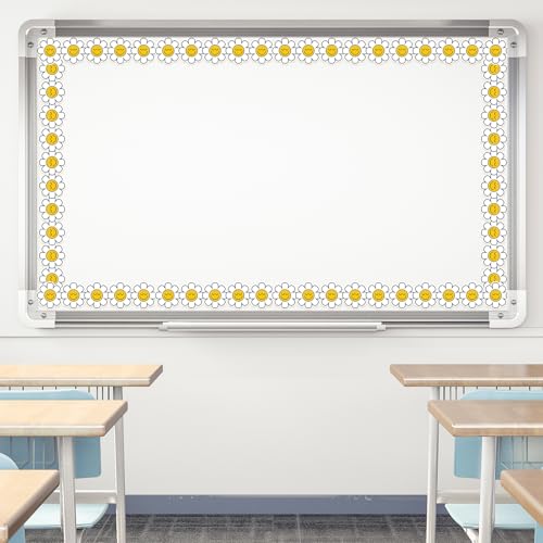 Image of Whaline 32.8 Ft Retro Daisy Bulletin Board Borders Yellow White Cartoon Daisy Flower Floral Die-Cut Border Trim for Back to School Chalkboard Wall Decoration
