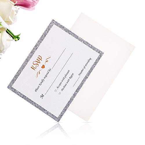 ponatia 25 Pieces/Pack Silvery Glitter Printed RSVP Cards with Envelopes