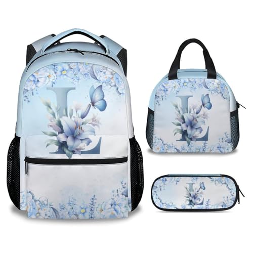 School Backpack for Girls, Butterfly Backpacks with Lunch Box, Butterfly Bookbags Initial School Bag for Kids, 17 Inch Monogram Bookbag Large Capacity (Letter L)