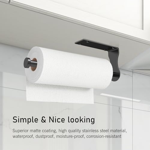 Image of SetSail Paper Towel Holder, Single Hand Operable Paper Towel Holder Under Cabinet with Adjustable Damper, Easy Tear, Wall Mount, Self-Adhesive or Drilled for Kitchen Bathroom, Black