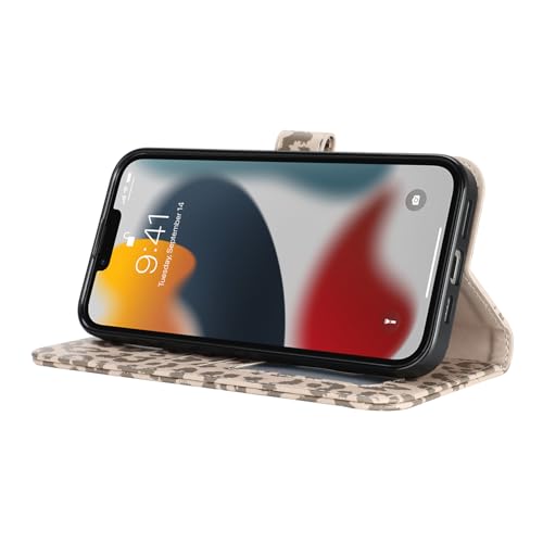 Image of for iPhone 13 Pro Max Case Wallet with Card Holder,for iPhone 12 Pro Max Wallet Case for Women Men,PU Leather Shockproof Magnetic Buckle Stand Flip Phone Case-Beige Leopard
