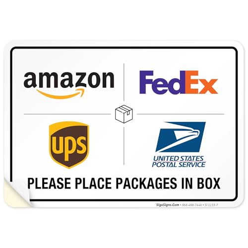 Image of Package Delivery Sign, Please Leave Packages Here Sign, FedEx, Amazon, UPS, USPS, 10x7 Inches, 4 Mil Vinyl Decal Stickers Weather Resistant, Made in USA by Sigo Signs
