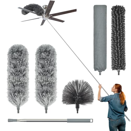 DLAIMI 6 Piezas Plumero Telescopico Extensible, Plumero Atrapapolvo Microfibra Lavable para Limpiar la Red de Polvo en Ventiladores de Techo Alto, Luces, persianas, automóviles y Muebles