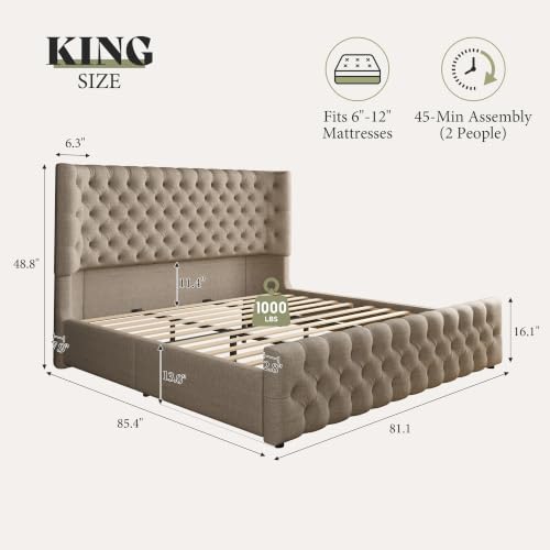 Image of AMERLIFE King Upholstered Bed with Headboard, Wingback, Khaki Linen