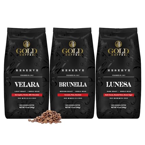 Gold Coffee Bundle Velara, Brunella & Lunesa, Light, Medium & Dark Roast, Whole Bean miniatura 1