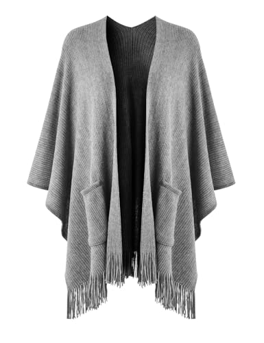 Ferand Poncho Femme Ouvert à l'avant avec Poches, Châle Cape en Tricot Doux à Franges pour Automne Hiver - Gris Ferand Poncho Femme Ouvert à l'avant avec Poches, Châle Cape en Tricot Doux à Franges pour Automne Hiver - Gris