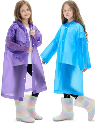HOOMBOOM 2 Pack Reusable Waterproof Raincoat EVA Emergency Rain Ponchos One Size Rain Jacket for Children, Boys and Girls