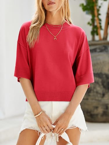 Image of Saodimallsu Womens Short Sleeve Sweater Oversized Cropped Sweaters Knit Top