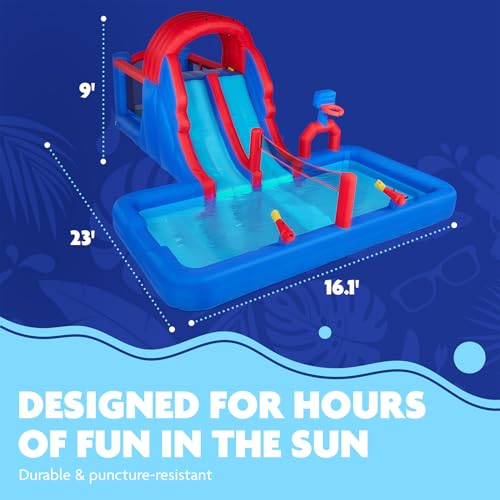 Sunny & Fun Ultra All-Play Inflatable Water Slide Park – Heavy-Duty for Outdoor Fun - Climbing Wall, Slides, Bounce House, Volley Net, Hoop, Deep Pool – Inflate w/Included Air Pump & Carrying Case