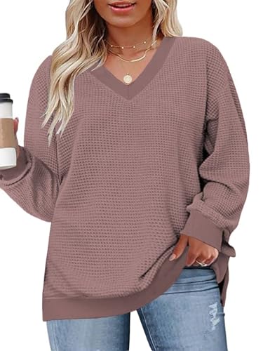 Image of DOLNINE Plus-Size-Tops for Women Casual V Neck Pullover Cute Waffle Knit Lantern Sleeve Sweaters Fashion Side Split Tunics