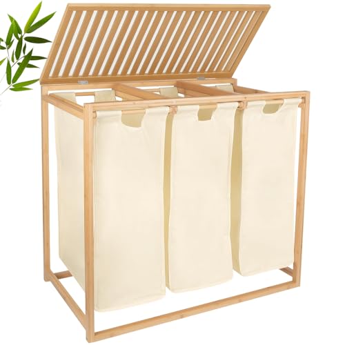 Bamboo Laundry Hamper 3 Section with Lid, 150 L Laundry Sorter with Pull-Out Removable Washable Bags, 3 × 12.5 Gal Divided Laundry Baskets for Laundry Room, Bathroom (Beige)