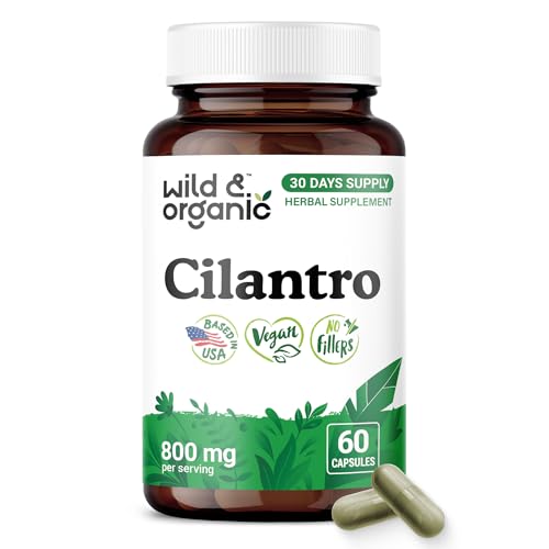 Wild & Organic Cilantro Capsules 800 mg - Detox Support - Cilantro Extract Supplement - Coriandrum Sativum Leaf Powder - Vegan No Fillers Non-GMO - 60 Count