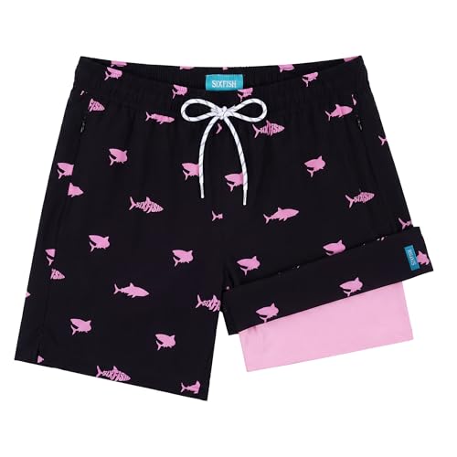 Sixfish 2 in 1 Mens Swim Trunks with 5 Inch Compression Liner Quick Dry Board Shorts with Zipper Pockets for Beach Vacation Pool Parties