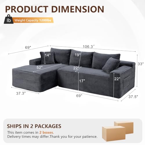 Image of 106.3 inch L Shaped Boneless Sectional Corduroy Couches for Living Room(Gray)