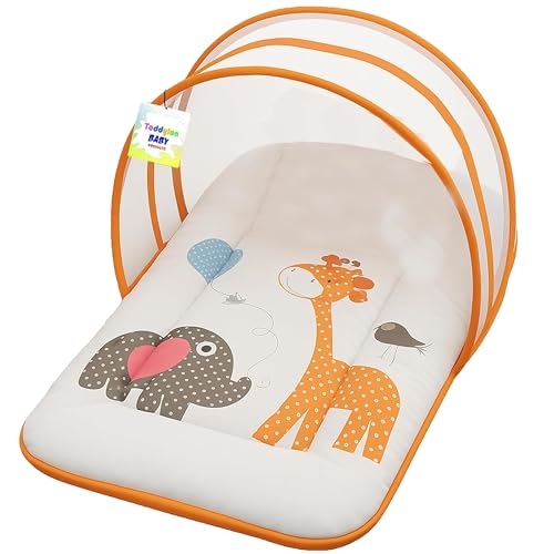 Image of Toddylon Flat Bed Baby Bed New Born Baby Bedding Set | Mattress | Mosquito Net | | Insect Protector | Infants Boys Girl (0-6 Months) Orange