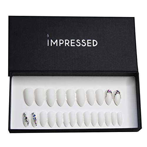 IMPRESSED Luxury Press on Nails 24 pcs Long Fake Coffin Nail Tips Matte White Rhinestone Design False Nails with Adhesive Nail Glue Tabs (Matte White)