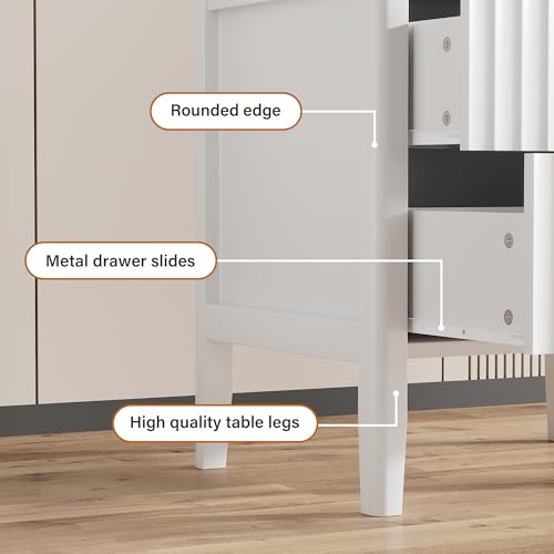 Image of Furniway Nightstand Set of 2, Modern End Table with Solid Wood Legs, Bedside Table with 2 Drawers and Metal Handles for Bedroom, White