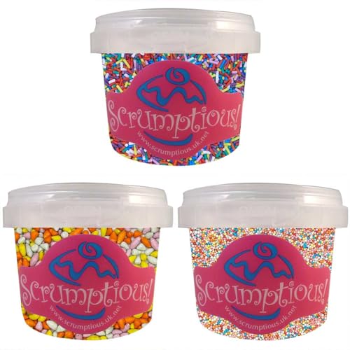 Scrumptious! - Trio - Ice Cream Favourites Edible Cake Topper Sprinkles Cupcake Decorations - 1x70g Fun Chips, 1x80g Matt Rainbow Strands, 1x90g Multicoloured 100s and 1000s in a Box