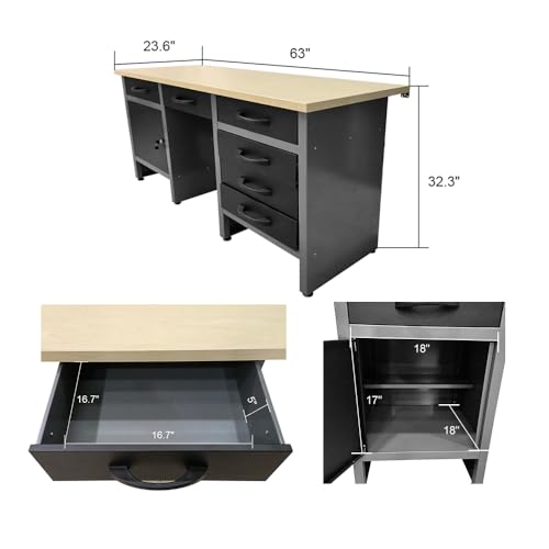 Image of JZD Metal Garage Workbench Desk Set System with Storage Cabinet, Wood Table Top for Workshop Utility Room