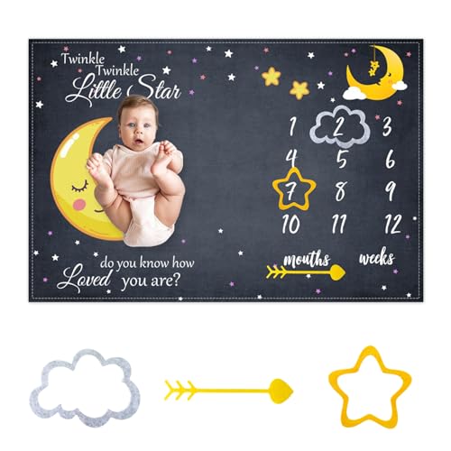 Image of CSFOTO Baby Milestone Blanket 60''x40'' Starry Sky Newborn Month Blanket Star and Moon Newborn Photography Background Prop for Boy & Girl Personalized Shower Present with Frame
