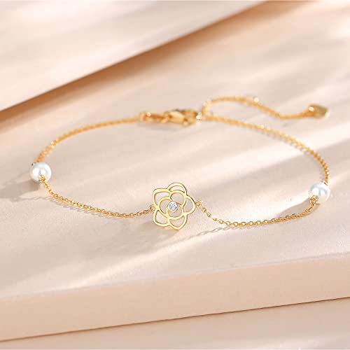 Fancime Real Solid 14K Yellow Gold Rose Flower Bracelet With 4Mm Freshwater Pearls Luxury Adjustable Bracelet Real Pearl Fine Jewelry For Women Wife Daughter 6.7’’+1.2’’ Extender 1.6G #TOP2