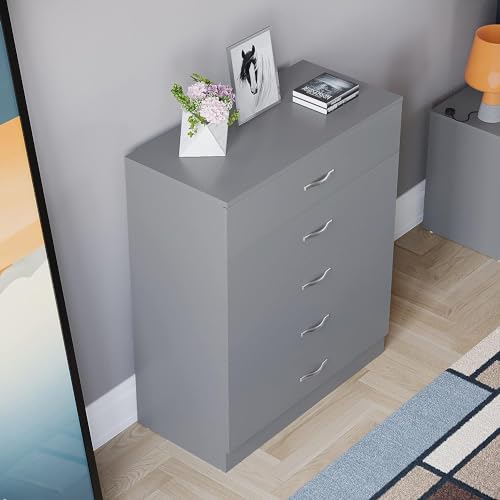 Image of 5-Drawer Gray Dresser with Metal Handles and Slides, Unique Anti-Sag Drawer Support, Bedroom Storage Unit