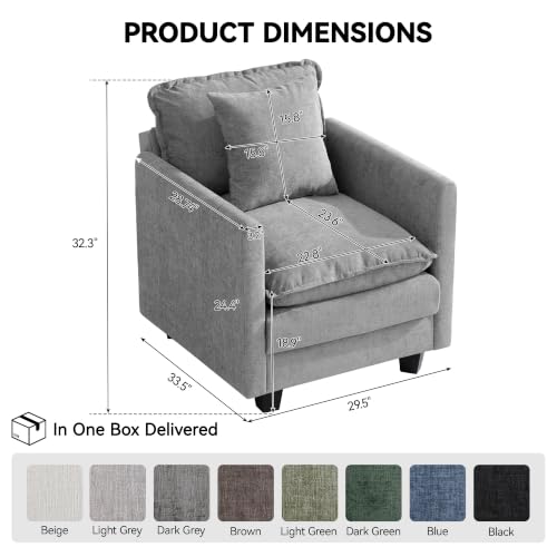Image of 30'' Cloud Single Couch, Cloud Sofa with Throw Pillow, Modern 1 Seater Reading Chair with Deep Seat, Accent Chairs for Living Room, Bedroom, Small Apartment, Light Grey