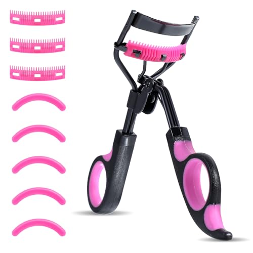 Rizador de pestañas con peine, rizador de pestañas con 5 recambios de pestañas, 3 peines, efecto de rizado superior (negro, rojo rosa)