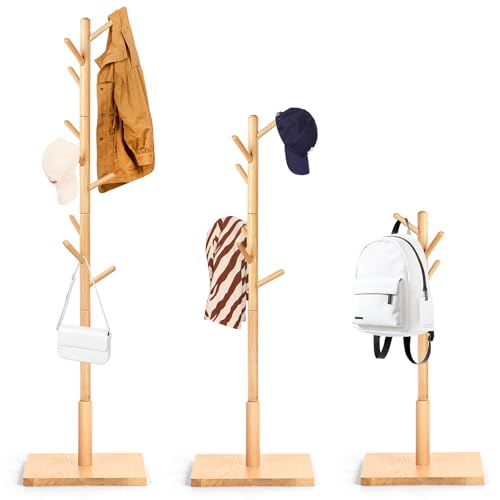 Relquorax Perchero de madera de haya maciza en forma de árbol para ropa, 9 ganchos, 180 x 38 x 38 cm, para chaquetas, sombreros, bolsos, entrada, pasillo, oficina, dormitorio (natural)