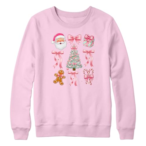 Purple Print House Personalised Festive Christmas Girls Sweatshirt Pink Santa Tree Candy Cane Gingerbread Design – Jumper For Daughter Niece Gift, 9-11 Years, Light Pink