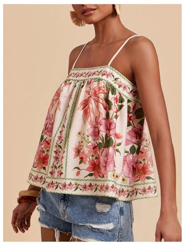 Image of RoseSeek Women's Boho Floral Cami Peplum Tops Graphic Sleeveless Tank Tops | Flower Print, Tropical Print, Spaghetti Strap, Flowy Cami, Summer, Beach Vacation Outfits