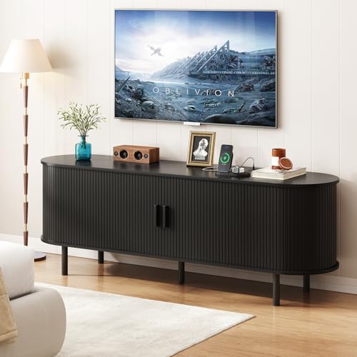 ONBRILL 63" TV Stand with Power Outlet for TVs up to 70 Inch, Entertainment Center with Storage and Adjustable Shelves, Modern Media Console with Sliding Doors for Living Room, Black