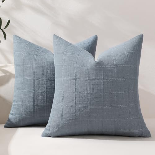 Hckot Decorative Linen Check Throw Pillow Covers Vintage Neutral Farmhouse Pillow Covers 20x20 Set of 2 Boho Modern Home Decor for Sofa Couch Bedroom Cushion Chair,Navy Blue