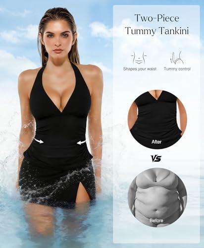 Popilush Bathing Suit for Women Two Piece Tummy Control Tankini with Skirt Halter Ruched Shapewear Swimsuits 2026 Black — view 2