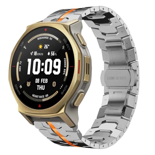 Bracelet Amazfit T-Rex 3 Pro 44mm Métal Acier Inoxydable, Remplacement Durable 20mm Orange