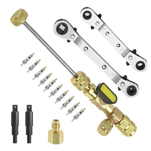 Ausfyyam Valve Core Remover Installer Tool & HVAC Service Wrench Set with Hex Bit Adapters Dual Size SAE 1/4 & 5/16 Port 3/8 to 1/4 5/16 x 1/4 Refrigeration Service Wrench 10pcs Valve Core
